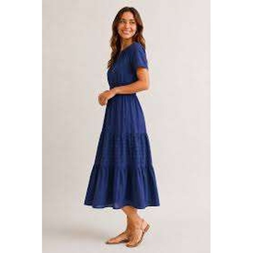 Lohnr Solene Navy Blue Dobby Textured Tiered Smocked Waist Midi Dress Size Large